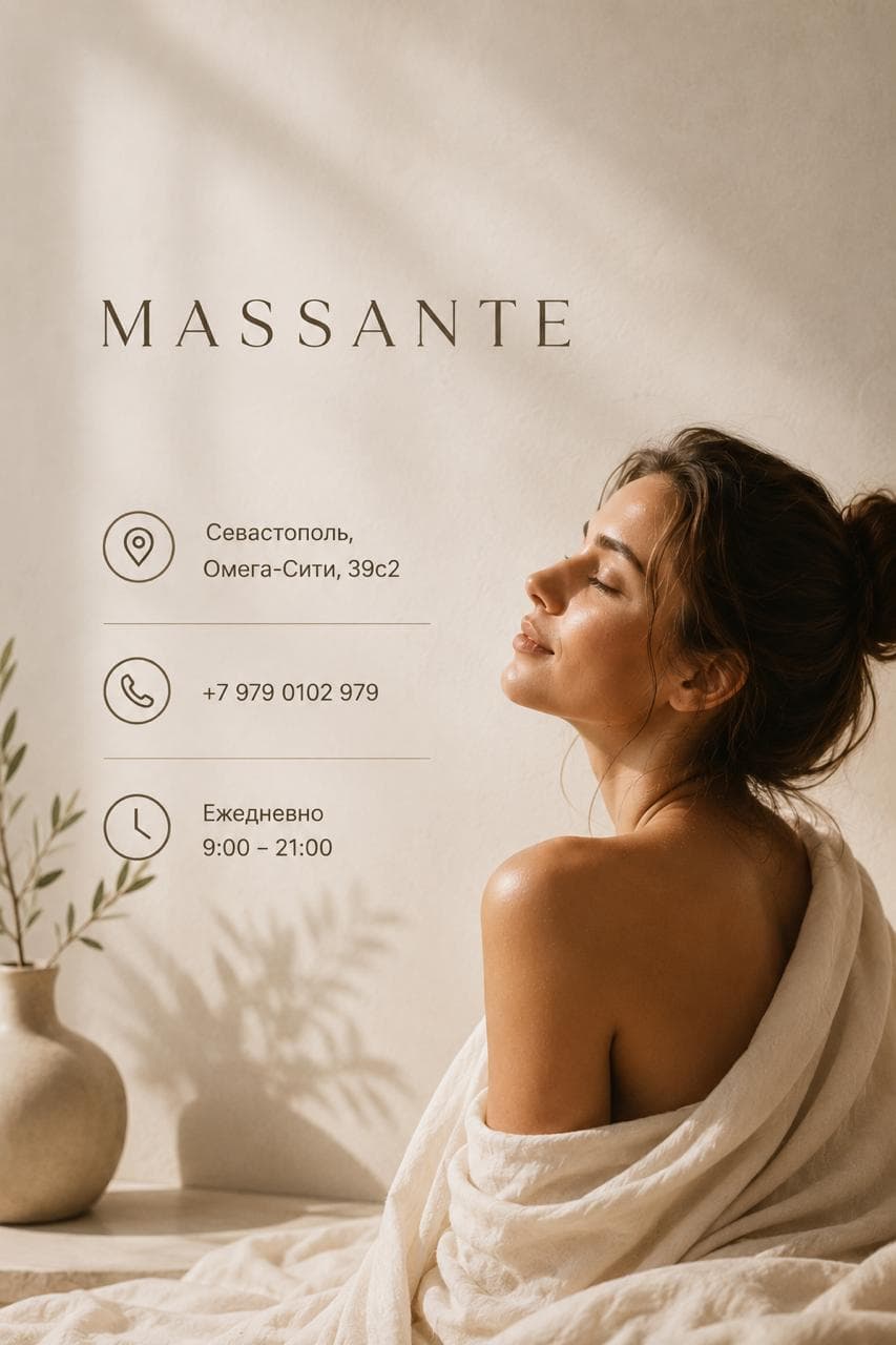 Контакты massante: Севастополь, Омега-Сити, 39с2 · +7 979 0102 979 · ежедневно 9:00–21:00